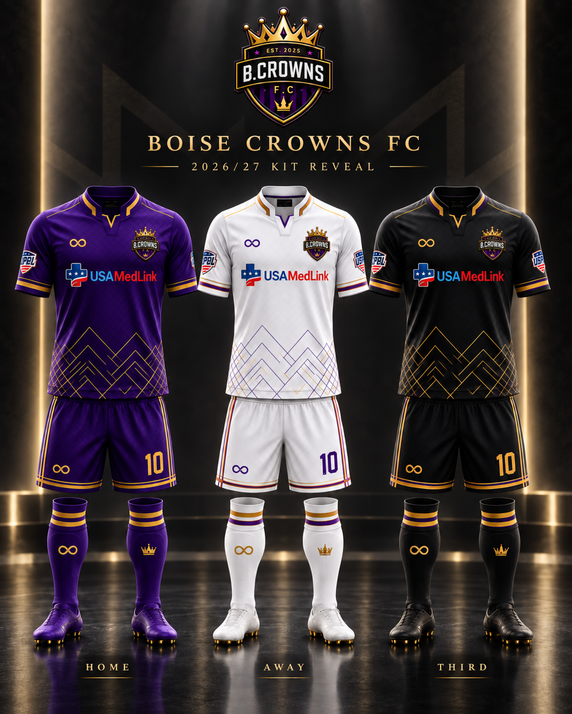Boise Crowns FC Home · Away · Third kit